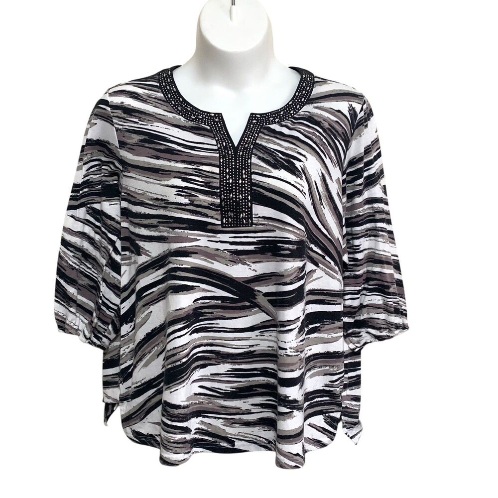 Croft & Barrow Tunic Top Womens 3X Multicolor 3/4 Sleeve V-Neck Stud Embellish